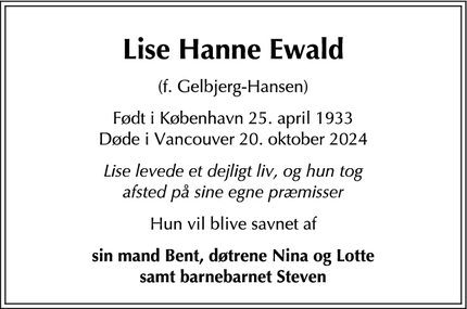 Dødsannoncen for Lise Hanne Ewald - Vancouver