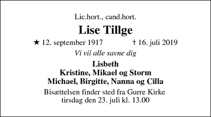 Dødsannoncen for Lise Tillge - Gurre