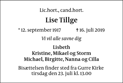 Dødsannoncen for Lise Tillge - Gurre