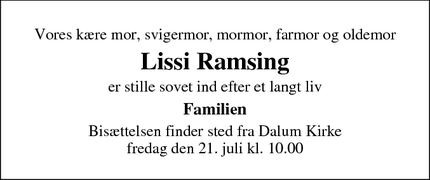 Dødsannoncen for Lissi Ramsing - Odense