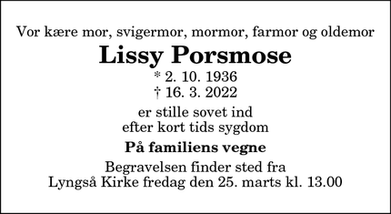 Dødsannoncen for Lissy Porsmose - Sæby