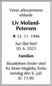 Dødsannoncen for Liv Moland-Petersen - Dragør