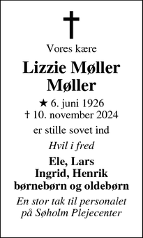 Dødsannoncen for Lizzie Møller Møller - Århus