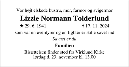 Dødsannoncen for Lizzie Normann Tolderlund - Silkeborg midtby