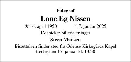 Dødsannoncen for Lone Eg Nissen - Odense 