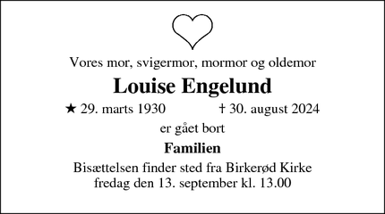 Dødsannoncen for Louise Engelund - Fejø