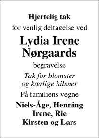 Taksigelsen for Lydia Irene Nørgaard - Trustrup 7800 Skive