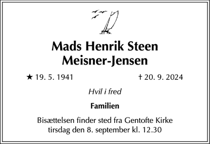 Dødsannoncen for Mads Henrik Steen
Meisner-Jensen - Hornbæk