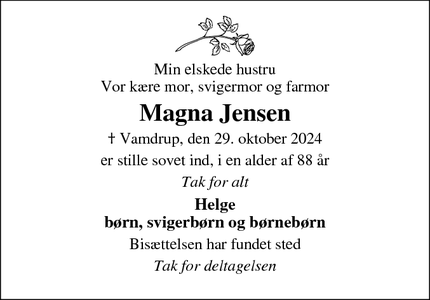 Dødsannoncen for Magna Jensen - Kolding