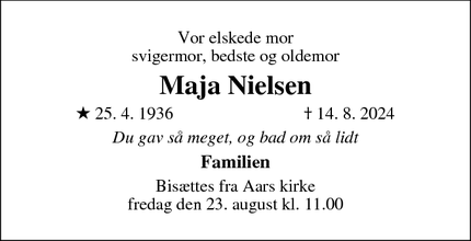 Dødsannoncen for Maja Nielsen - Aars