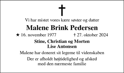 Dødsannoncen for Malene Brink Pedersen - Næstved