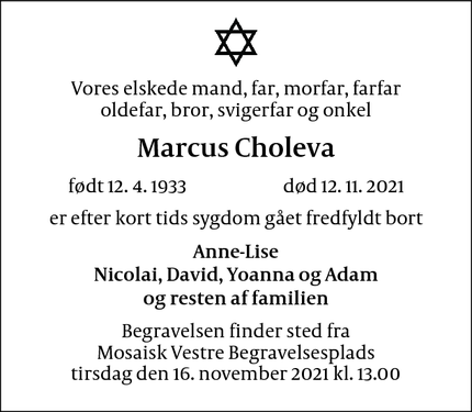 Dødsannoncen for Marcus Choleva - København