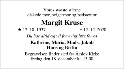 Dødsannoncen for Margit Kruse - Årslev