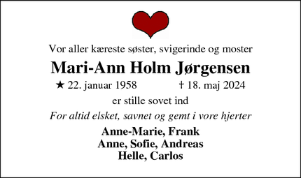 Dødsannoncen for Mari-Ann Holm Jørgensen - København S, Amager
