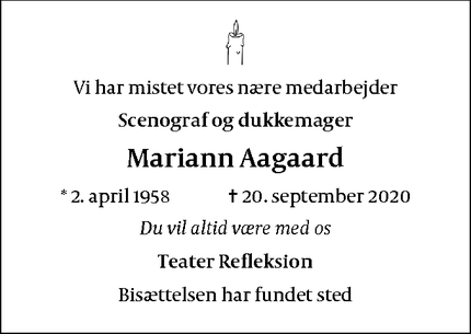 Dødsannoncen for Mariann Aagaard - Risskov