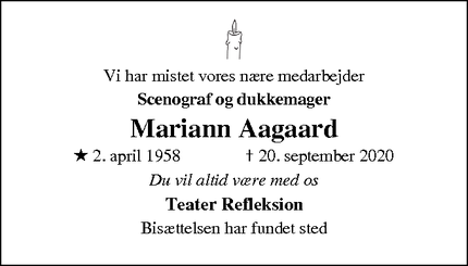 Dødsannoncen for Mariann Aagaard - Risskov