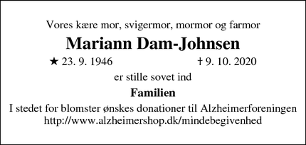 Dødsannoncen for Mariann Dam-Johnsen - Søborg