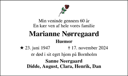 Dødsannoncen for Marianne Nørregaard - Rønne