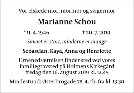 Dødsannoncen for Marianne Schou - Frederiksberg