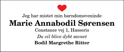 Dødsannoncen for Marie Annabodil Sørensen - Hasseris 