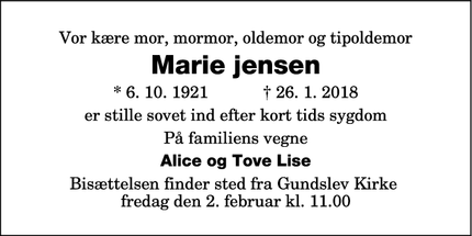 Dødsannoncen for Marie jensen - 4840 gundslev