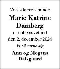 Dødsannoncen for Marie Katrine
Damberg - Herning