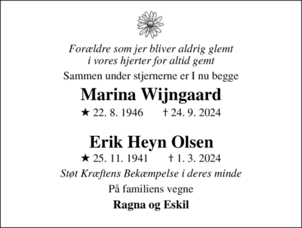 Dødsannoncen for Marina Wijngaard og Erik Heyn Olsen - 2770 Kastrup