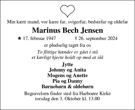 Dødsannoncen for Marinus Bech Jensen - Harboøre