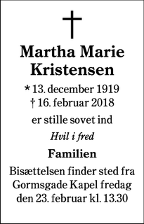 Dødsannoncen for Martha Marie Kristensen - Esbjerg