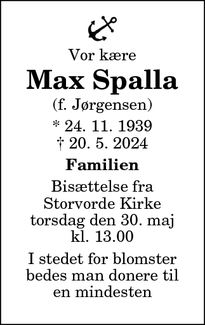 Dødsannoncen for Max Spalla - Storevorde