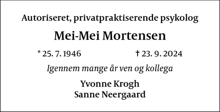 Dødsannoncen for Mei-Mei Mortensen - Kbh. k