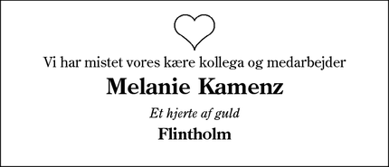 Dødsannoncen for Melanie Kamenz - Nordborg