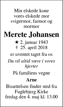 Dødsannoncen for Merete Johansen - Fuglebjerg