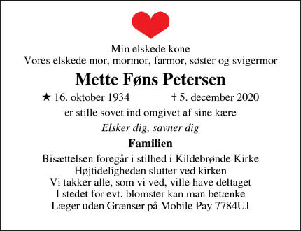 Dødsannoncen for Mette Føns Petersen - Greve