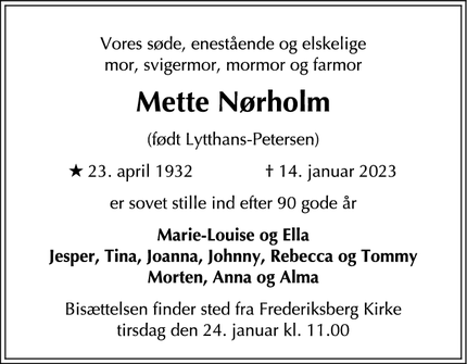 Dødsannoncen for Mette Nørholm - Gentofte