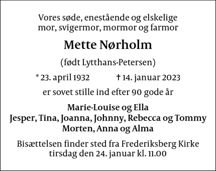 Dødsannoncen for Mette Nørholm - Gentofte