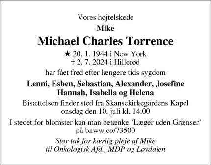 Dødsannoncen for Michael Charles Torrence - Frederiksværk