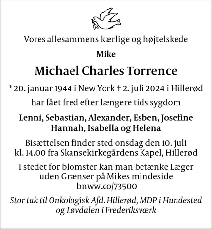 Dødsannoncen for Michael Charles Torrence - Frederiksværk