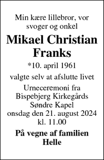 Dødsannoncen for Mikael Christian Franks - København