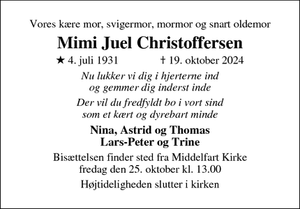 Dødsannoncen for Mimi Juel Christoffersen - Middelfart