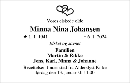 Dødsannoncen for Minna Nina Johansen - KARUP J