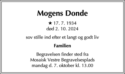 Dødsannoncen for Mogens Donde - København