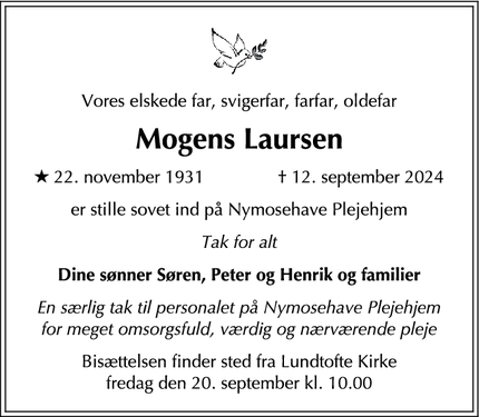 Dødsannoncen for Mogens Laursen - Gentofte