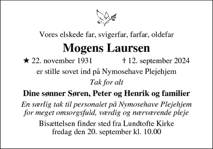 Dødsannoncen for Mogens Laursen - Gentofte