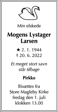 Dødsannoncen for Mogens Lystager
Larsen - dragør