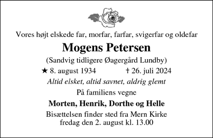 Dødsannoncen for Mogens Petersen - Mern