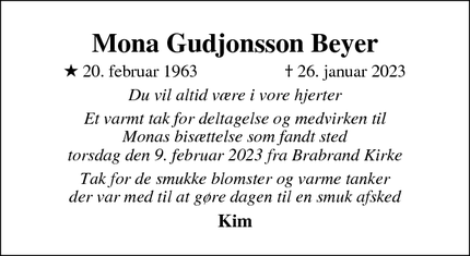 Dødsannoncen for Mona Gudjonsson Beyer - Hinnerup