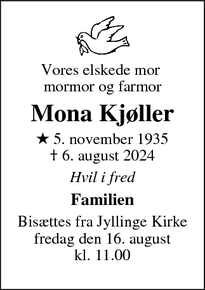 Dødsannoncen for Mona Kjøller - Jyllinge