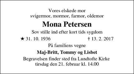 Dødsannoncen for Mona Petersen - Lyngby