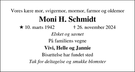 Dødsannoncen for Moni H. Schmidt - Haderslev